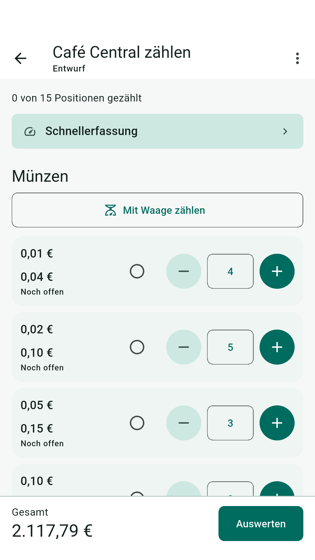 Zählansicht mit dem Fortschritt „0 von 15 Positionen gezählt“, Schnellerfassung, „Mit Waage zählen“ und der Markierung „Noch offen“ je Nennwert.