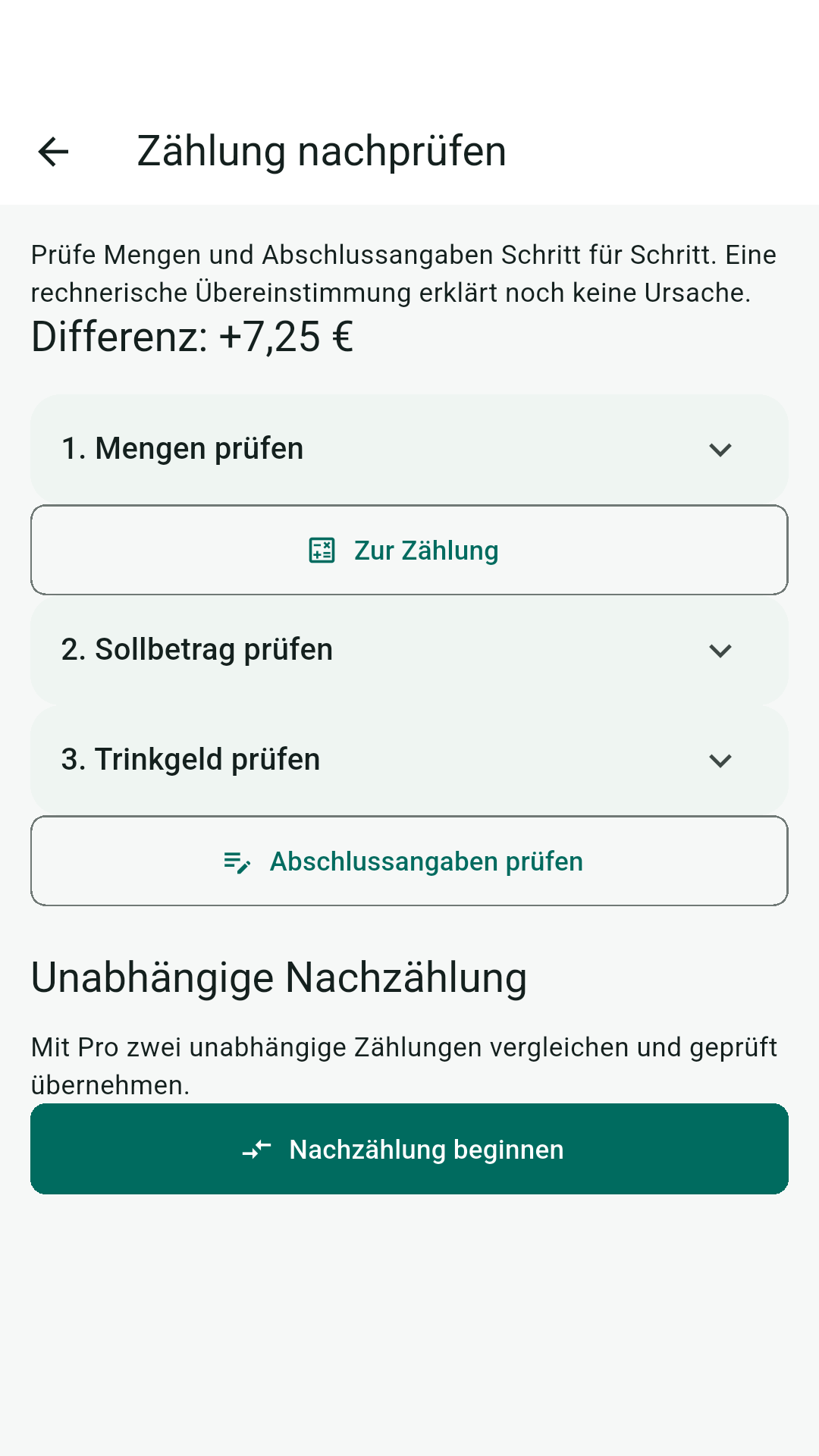 Ansicht „Zählung nachprüfen“ mit einer Differenz von +7,25 €, den Schritten Mengen, Sollbetrag und Trinkgeld sowie dem Start einer unabhängigen Nachzählung.
