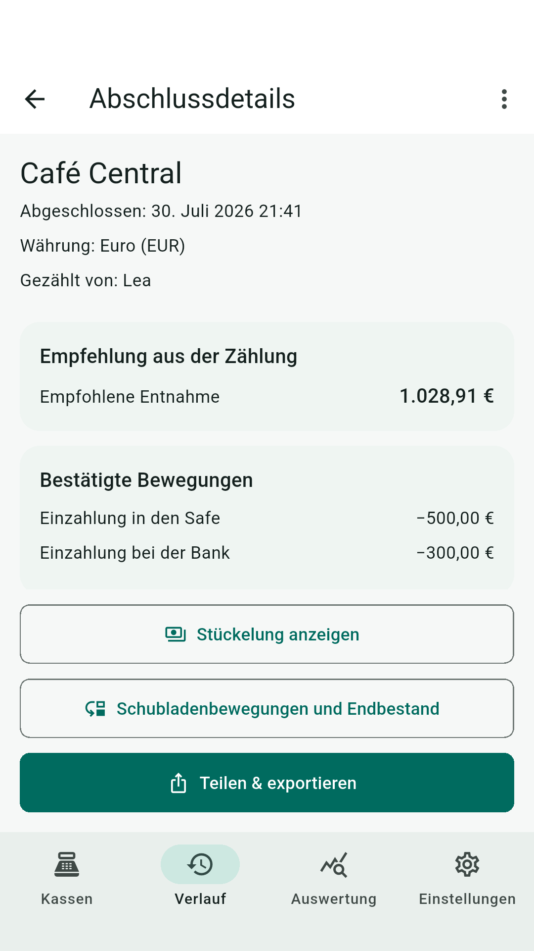 Abschlussdetails mit empfohlener Entnahme, bestätigten Einzahlungen in Safe und Bank sowie Aktionen für Stückelung, Schubladenbewegungen und Export.