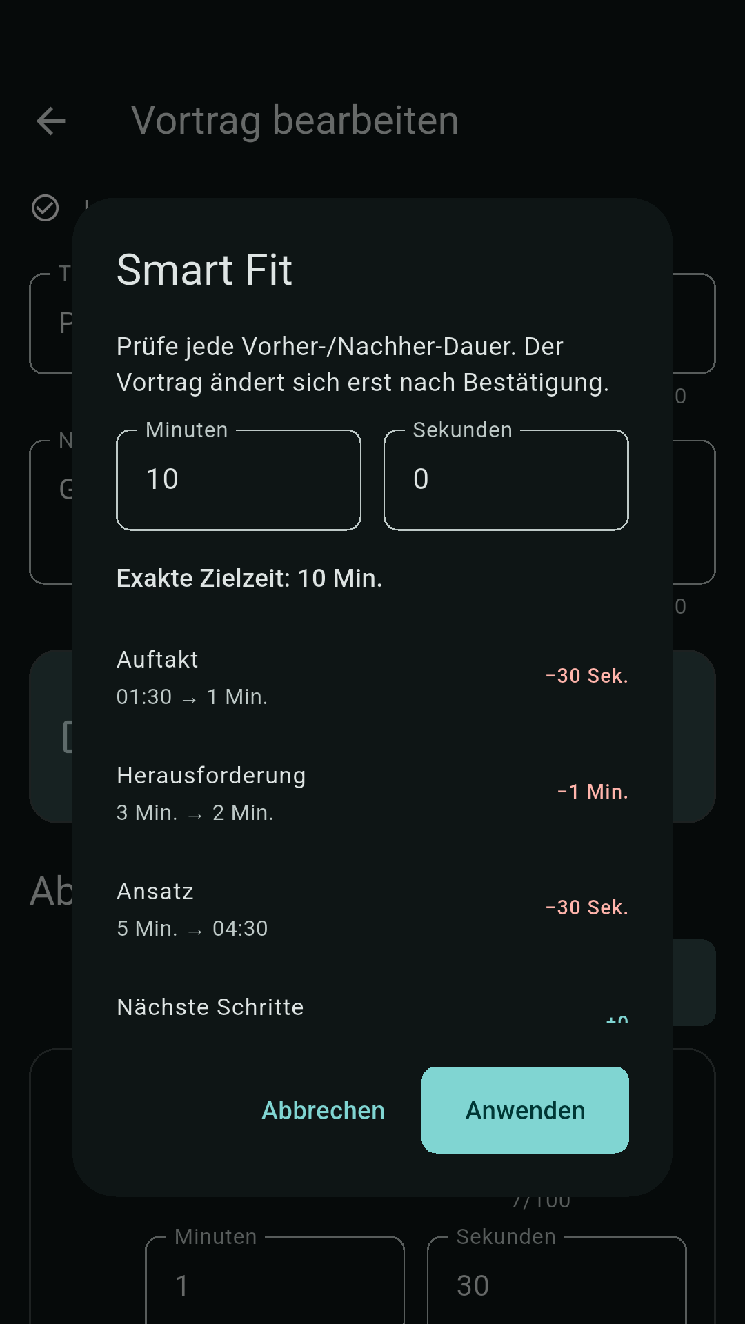 Smart-Fit-Dialog mit exakter Zielzeit 10 Minuten und einer Vorschau je Abschnitt: Auftakt minus 30 Sekunden, Herausforderung minus 1 Minute, Ansatz minus 30 Sekunden, dazu „Abbrechen“ und „Anwenden“.
