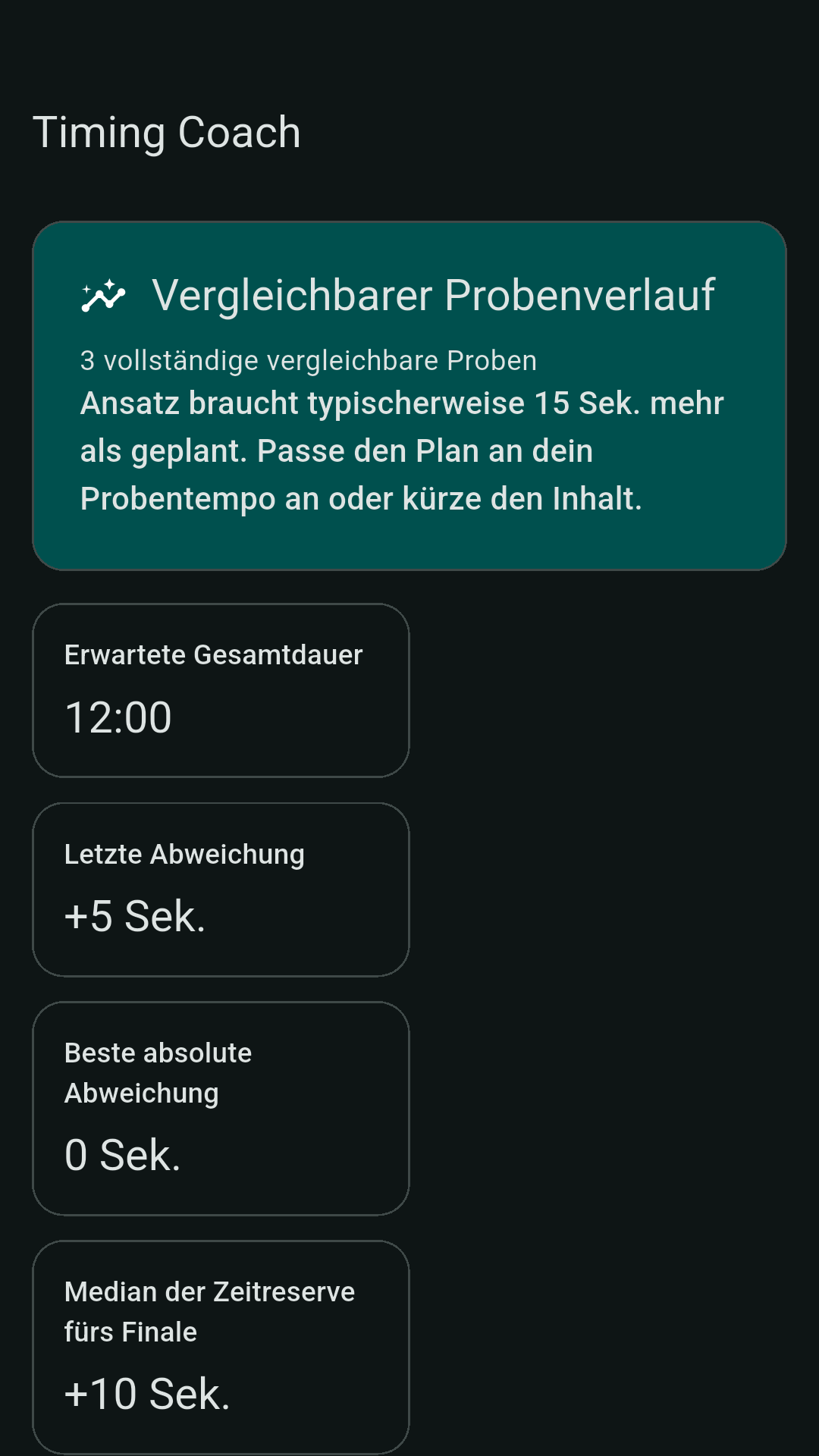 Timing Coach mit vergleichbarem Probenverlauf aus drei Proben, erwarteter Gesamtdauer 12:00, letzter Abweichung plus 5 Sekunden und Median der Zeitreserve fürs Finale plus 10 Sekunden.