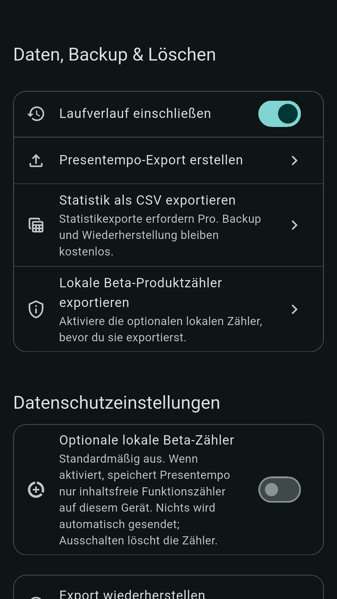 Einstellungen „Daten, Backup & Löschen“ mit Presentempo-Export, CSV-Statistik und den Datenschutzeinstellungen, in denen die optionalen lokalen Beta-Zähler ausgeschaltet sind.