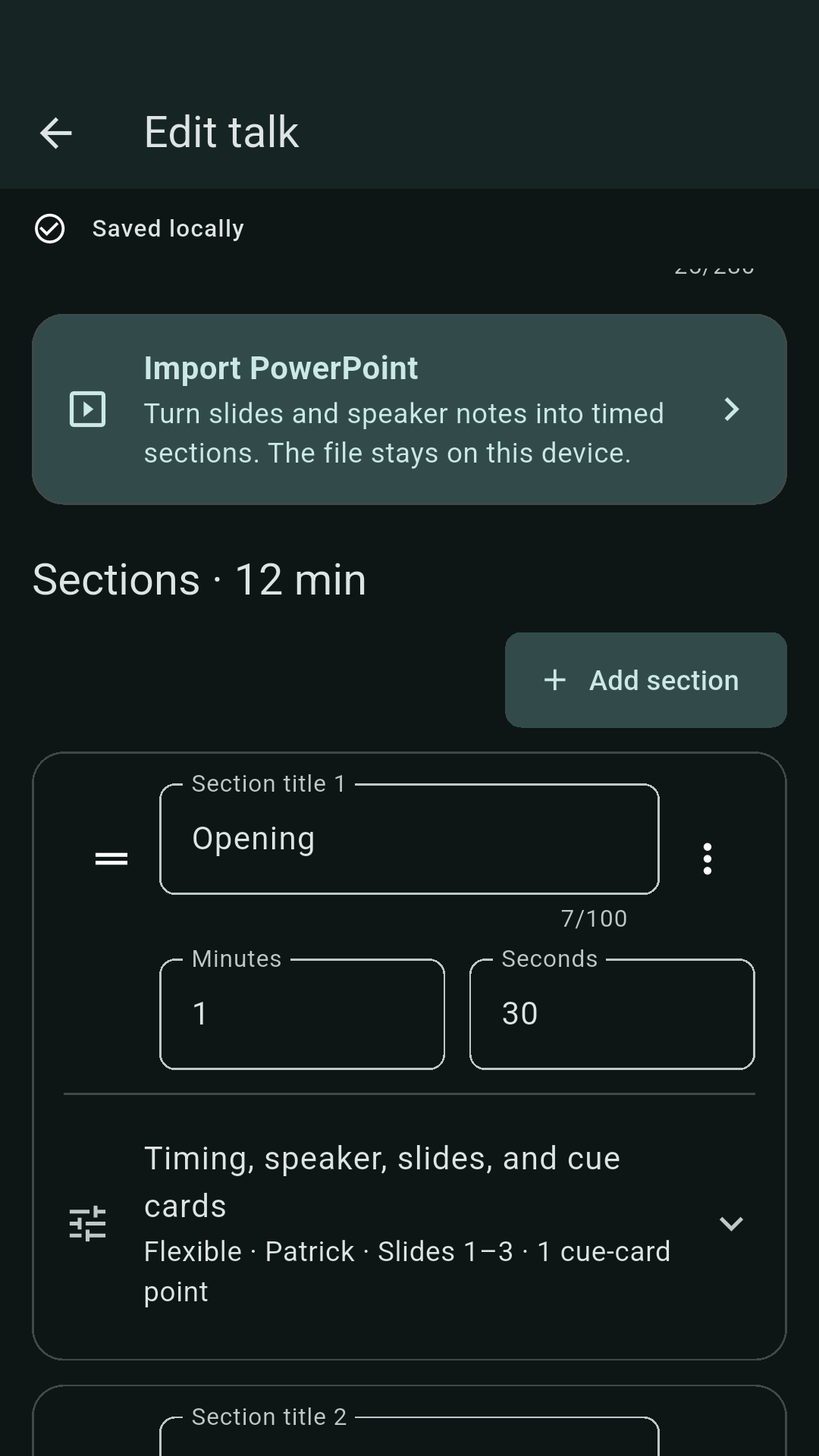 Talk editor “Edit talk” with an “Import PowerPoint” card, the heading “Sections · 12 min”, and the section “Opening” at 1 minute 30 seconds with speaker, slide range, and one cue-card point.