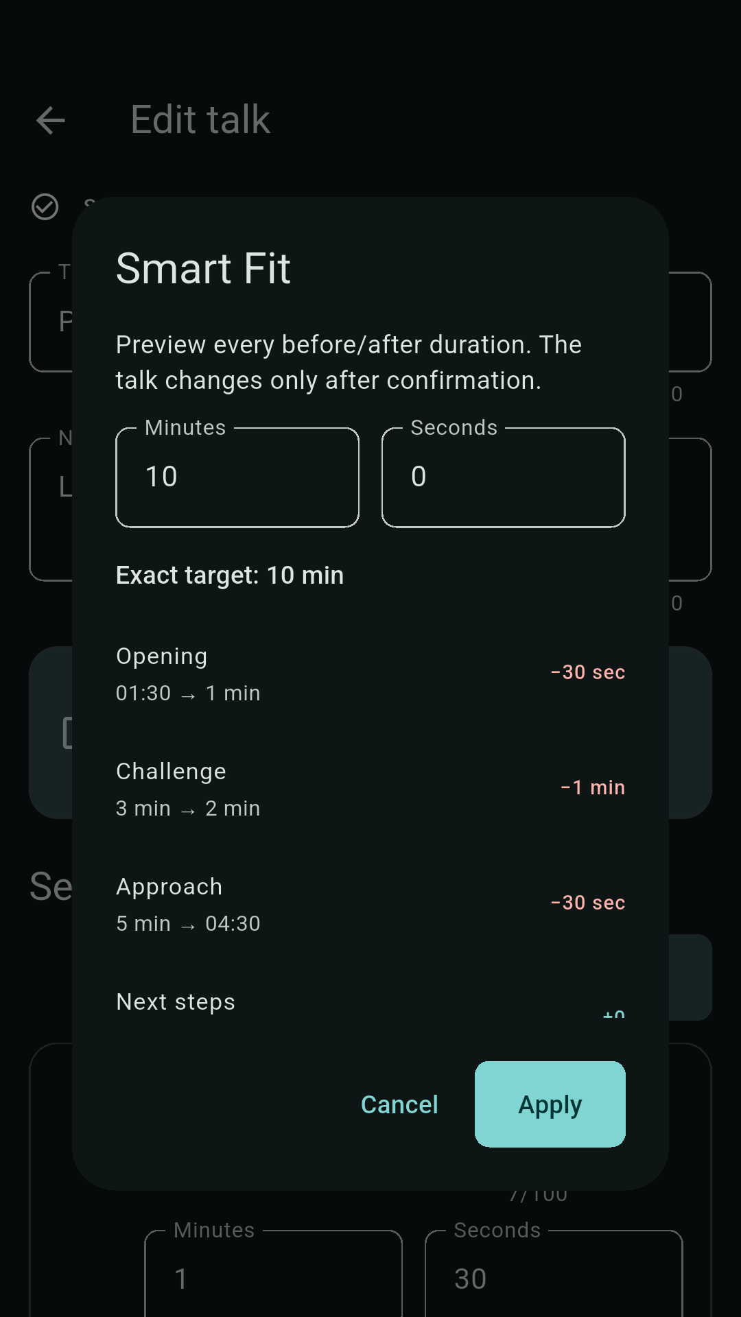 Smart Fit dialog with an exact target of 10 minutes and a per-section preview: Opening minus 30 seconds, Challenge minus 1 minute, Approach minus 30 seconds, with “Cancel” and “Apply”.