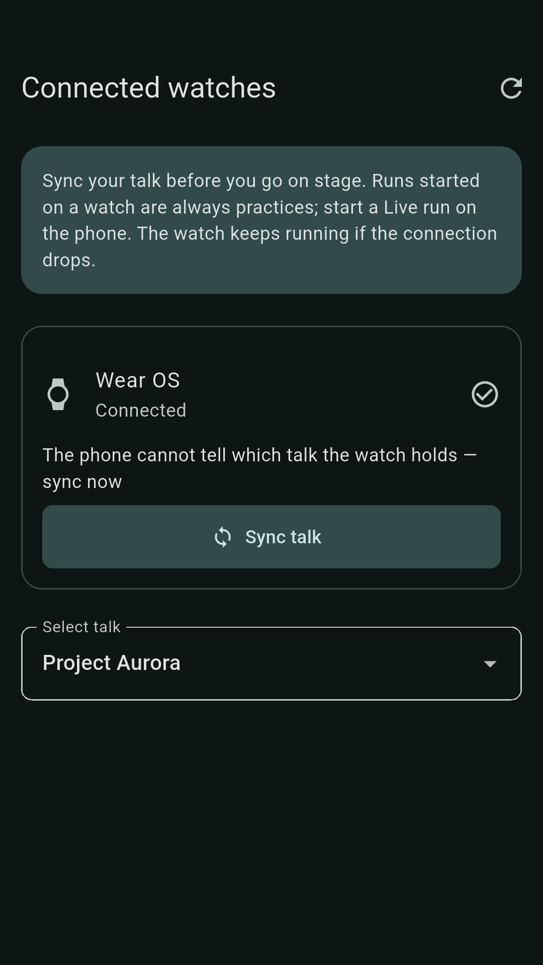The “Connected watches” view with a connected Wear OS watch, the note that runs started on a watch are always practices, and a “Sync talk” button.