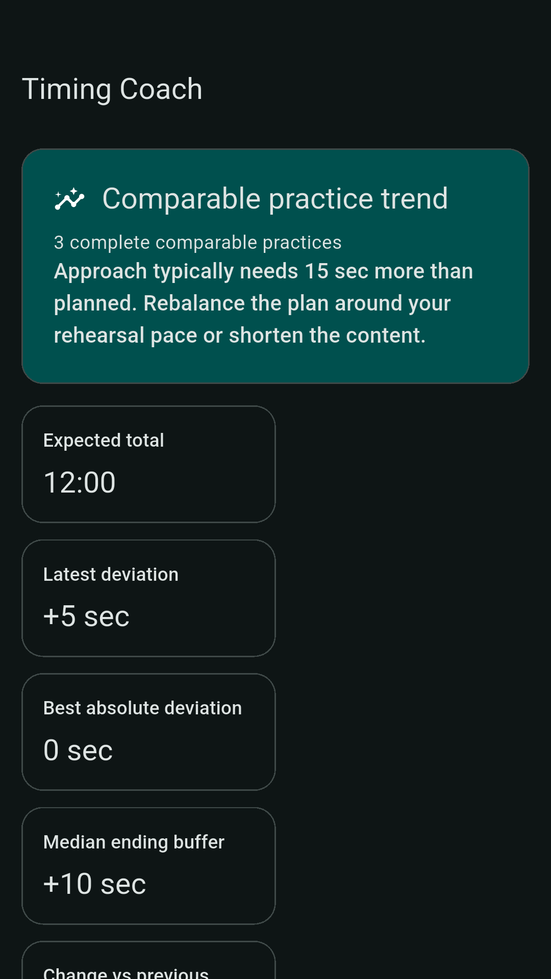 Timing Coach with a comparable practice trend across three practices, an expected total of 12:00, a latest deviation of plus 5 seconds, and a median ending buffer of plus 10 seconds.