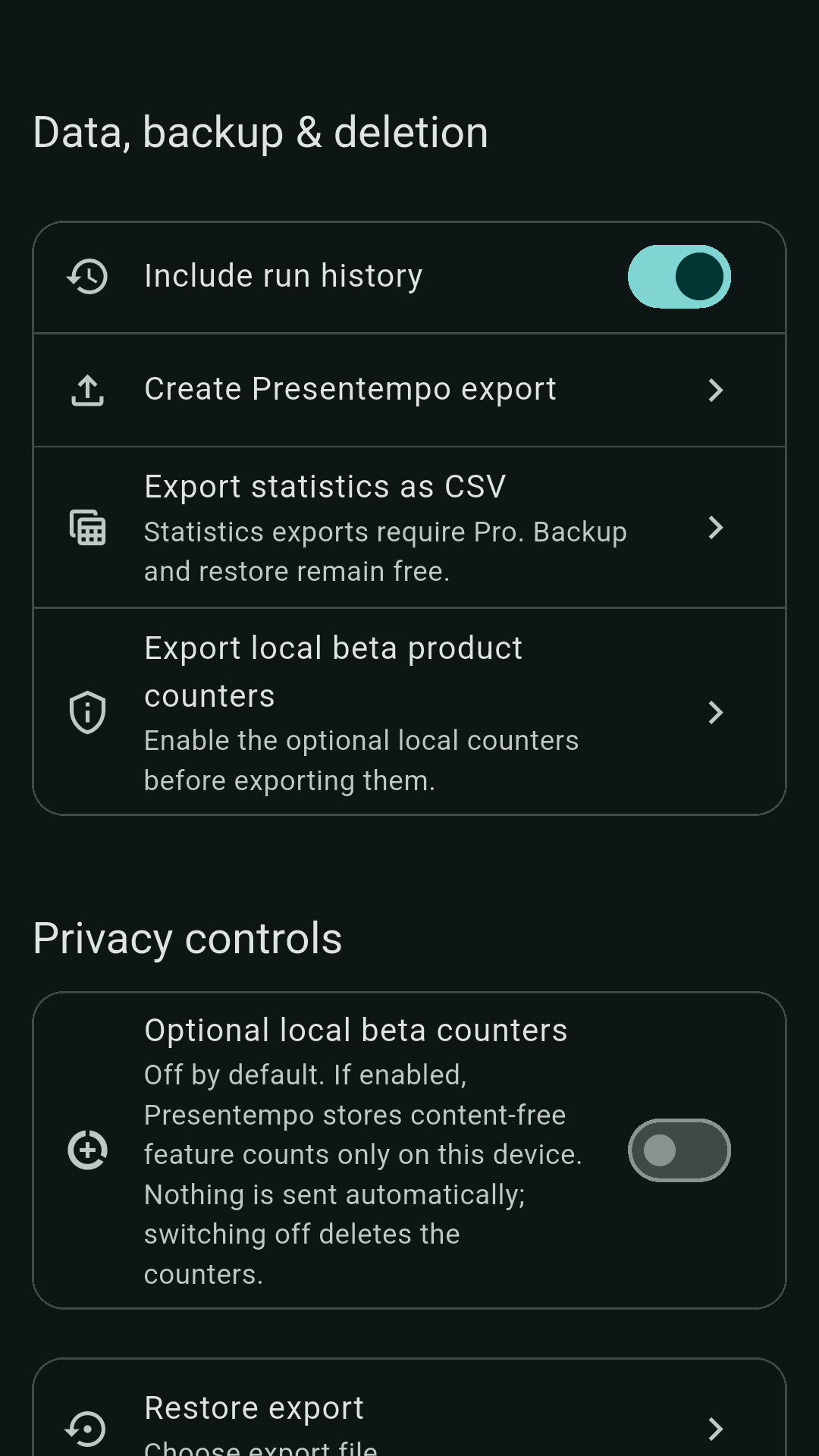 The “Data, backup & deletion” settings with a Presentempo export, CSV statistics, and the privacy controls where the optional local beta counters are switched off.