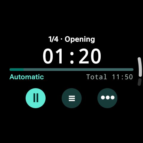 Watch view during the run: section 1 of 4 “Opening”, 01:20 remaining, a progress bar, the “Automatic” mode, and a total of 11:50.