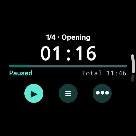 Paused run on the watch: status “Paused”, 01:16 in the section “Opening”, a total of 11:46, and a visible resume button.