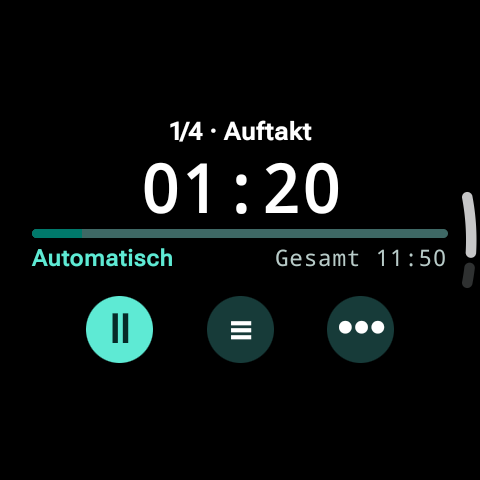 Watch-Ansicht während des Laufs: Abschnitt 1 von 4 „Auftakt“, 01:20 verbleibend, Fortschrittsleiste, Modus „Automatisch“ und Gesamtzeit 11:50.