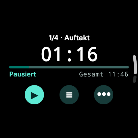 Pausierter Lauf auf der Watch: Status „Pausiert“, 01:16 im Abschnitt „Auftakt“, Gesamtzeit 11:46 und sichtbare Fortsetzen-Schaltfläche.